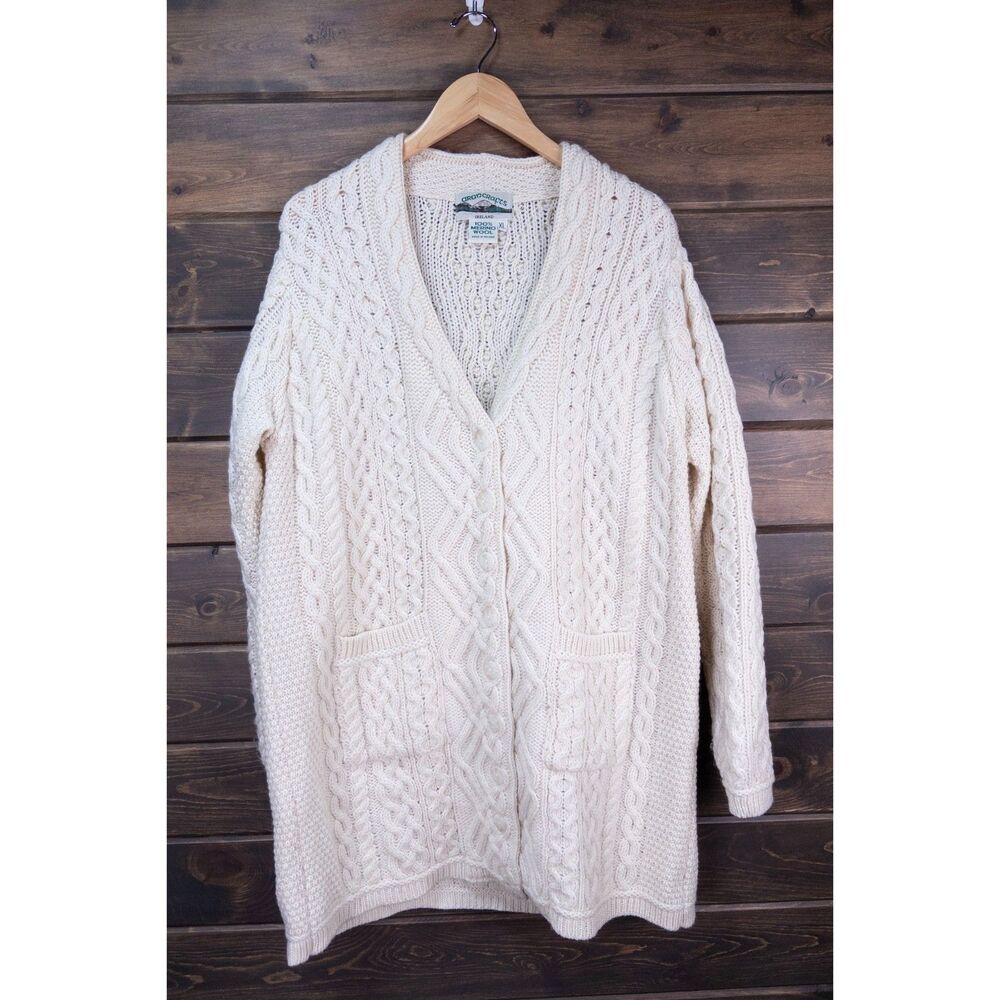 Aran Crafts Ireland 100% Merino Wool Cable Knit Cardigan Cream XL Long Irish